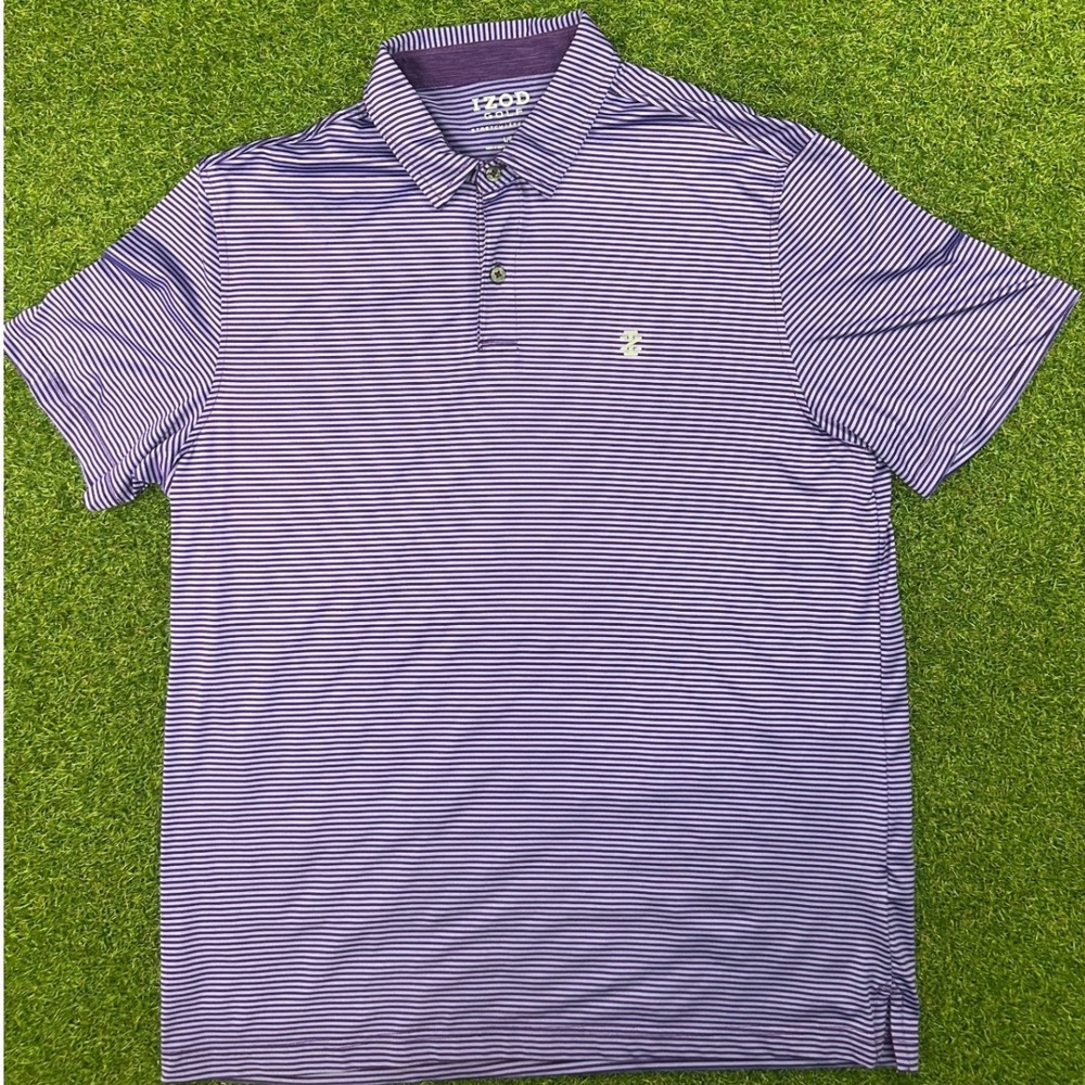 IZOD Golf Mens Large Purple‎ Striped Short Sleeve Performance Polo Shirt Stretch